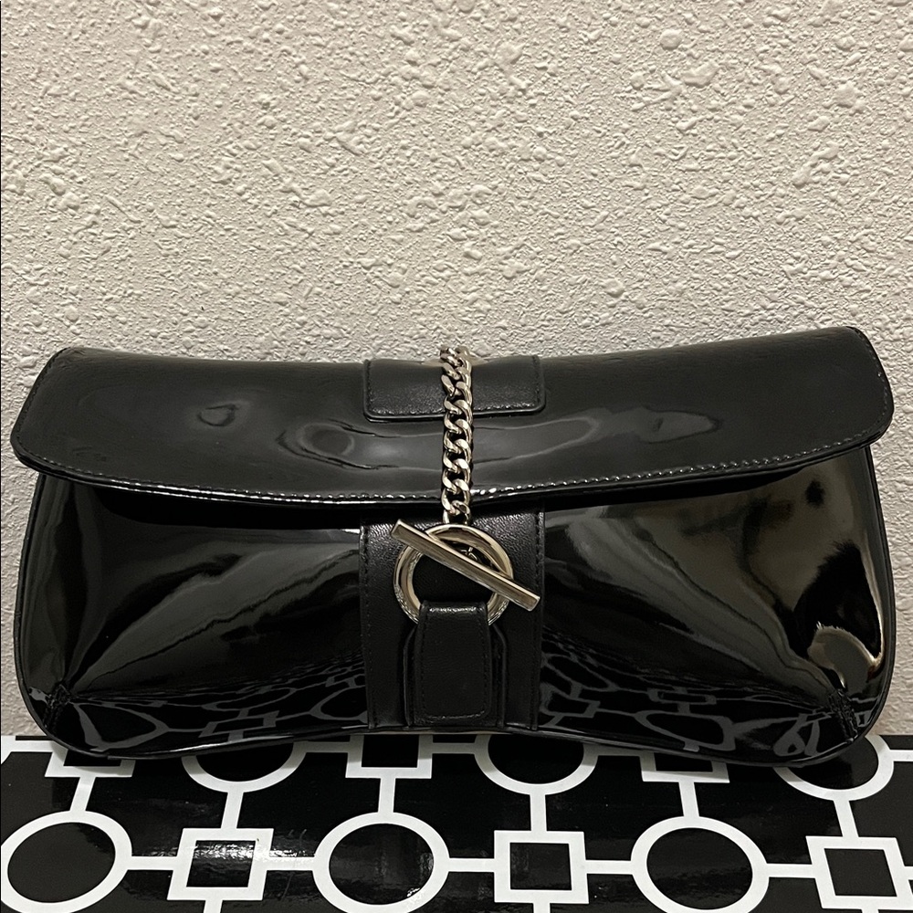 Via Spiga Italy RARE Black Patent Leather Magnetic Chain Closure Clutch Wristlet
